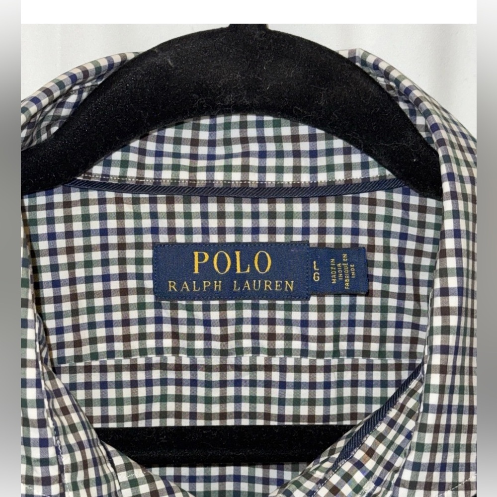 Polo Ralph Lauren Shirt Check Plaid Navy Green white Long Sleeve Pony Mens L - Picture 6 of 11